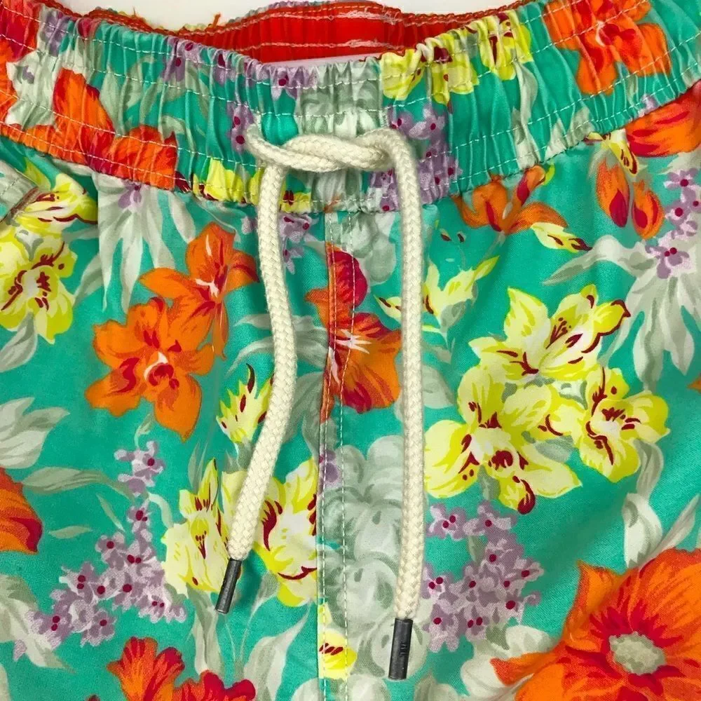 Polo Ralph Lauren Teal and Orange Hibiscus Tropical Print Swim Trunks